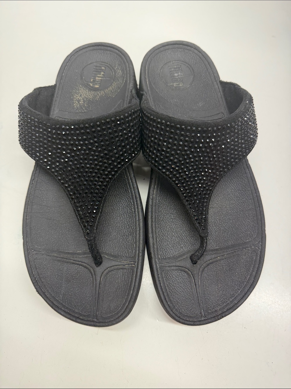 FitFlop Lulu Toe Post Sandals Flip Flop Shoes Wobbleboard Crystal Black Size 8